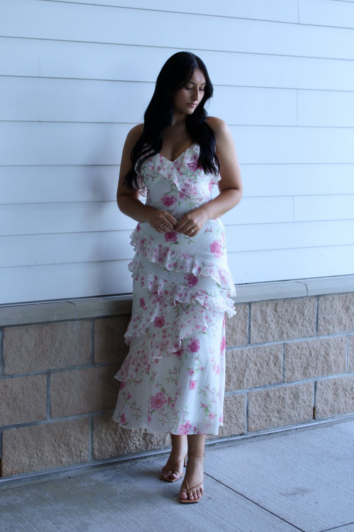 Pink Floral Tiered Ruffle Midi Dress