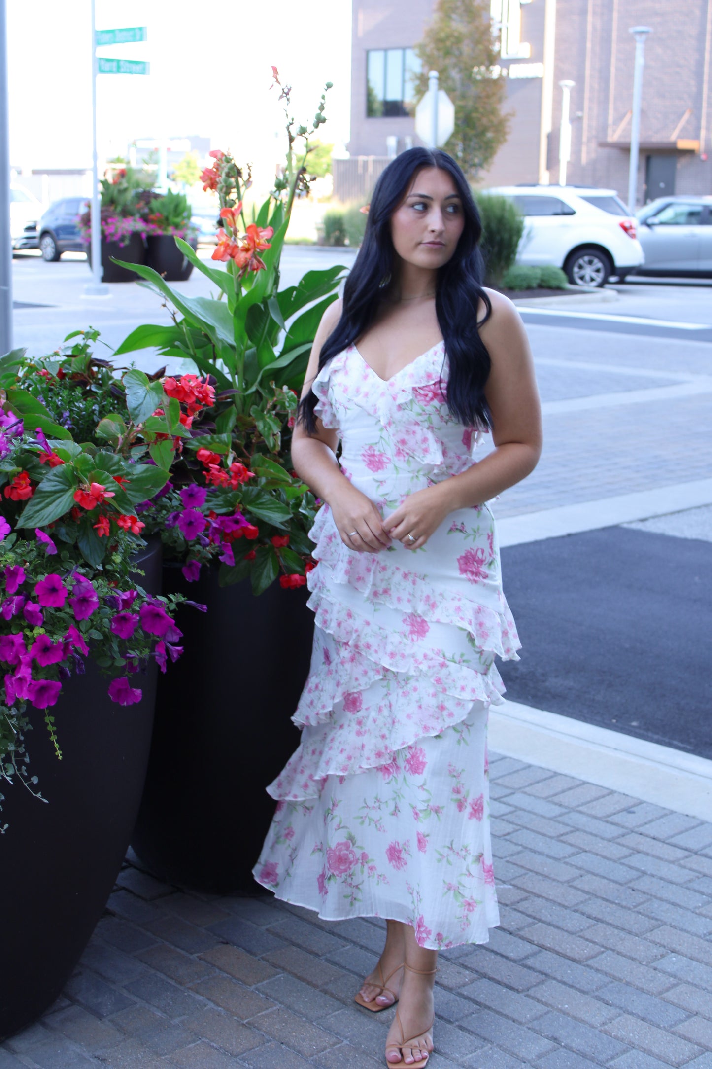 Pink Floral Tiered Ruffle Midi Dress