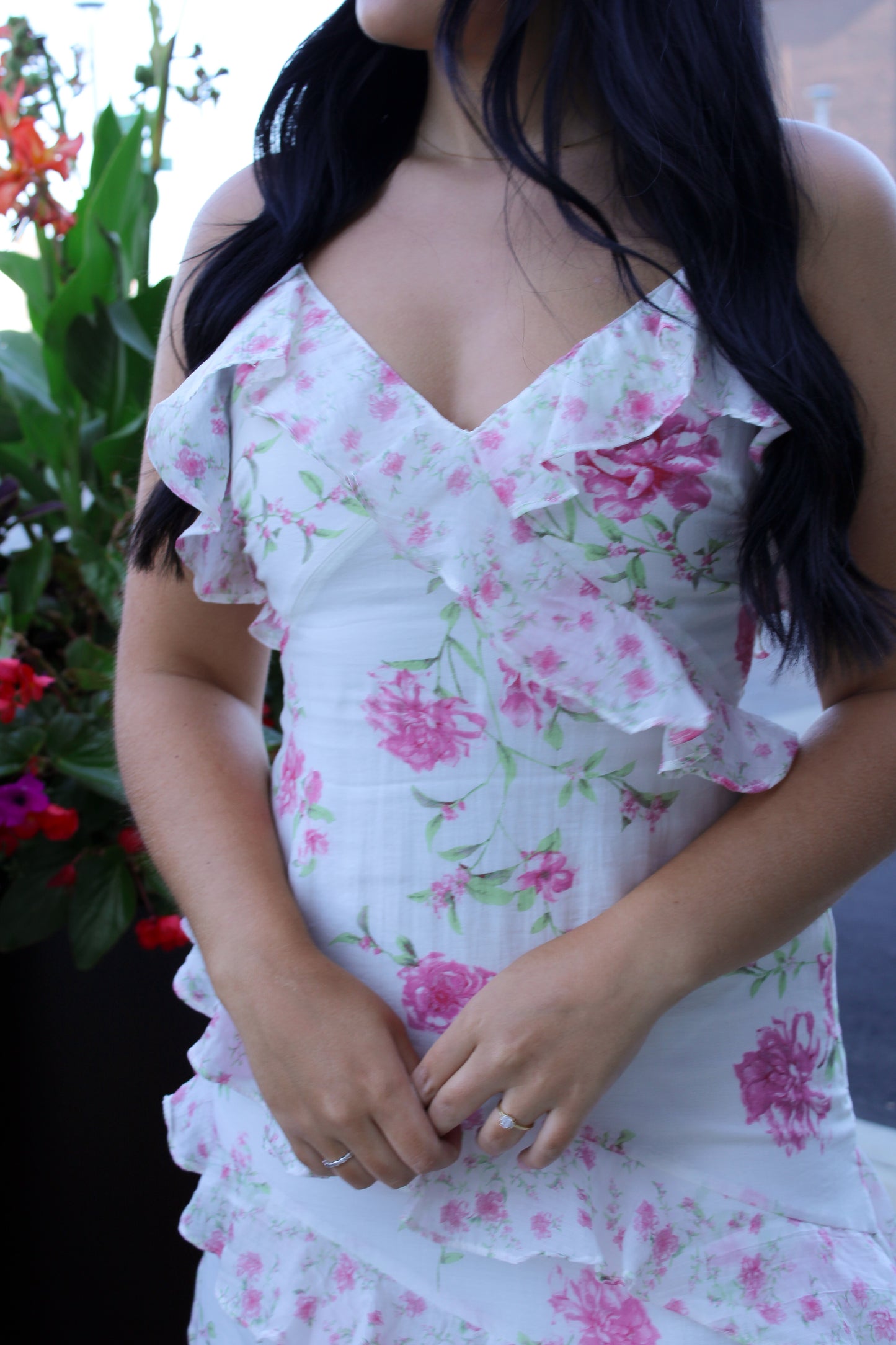 Pink Floral Tiered Ruffle Midi Dress