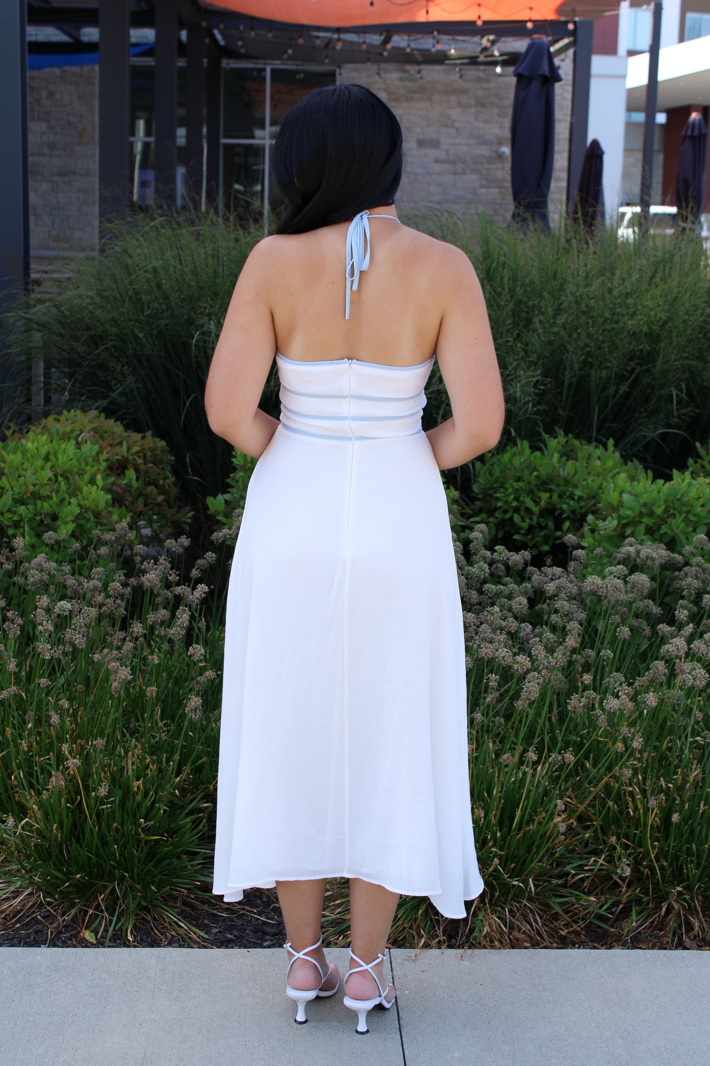 White/Blue Keyhole Halter Neck Midi Dress