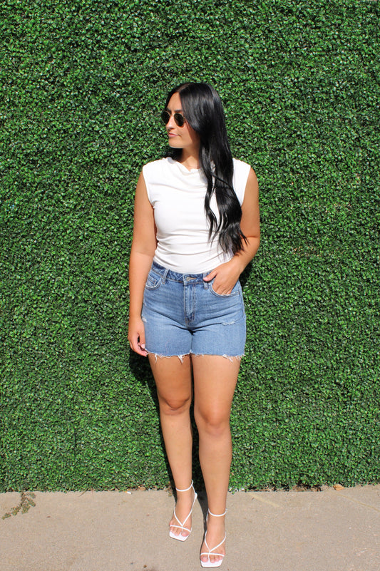 High Waisted Medium Wash Distressed Demin Shorts