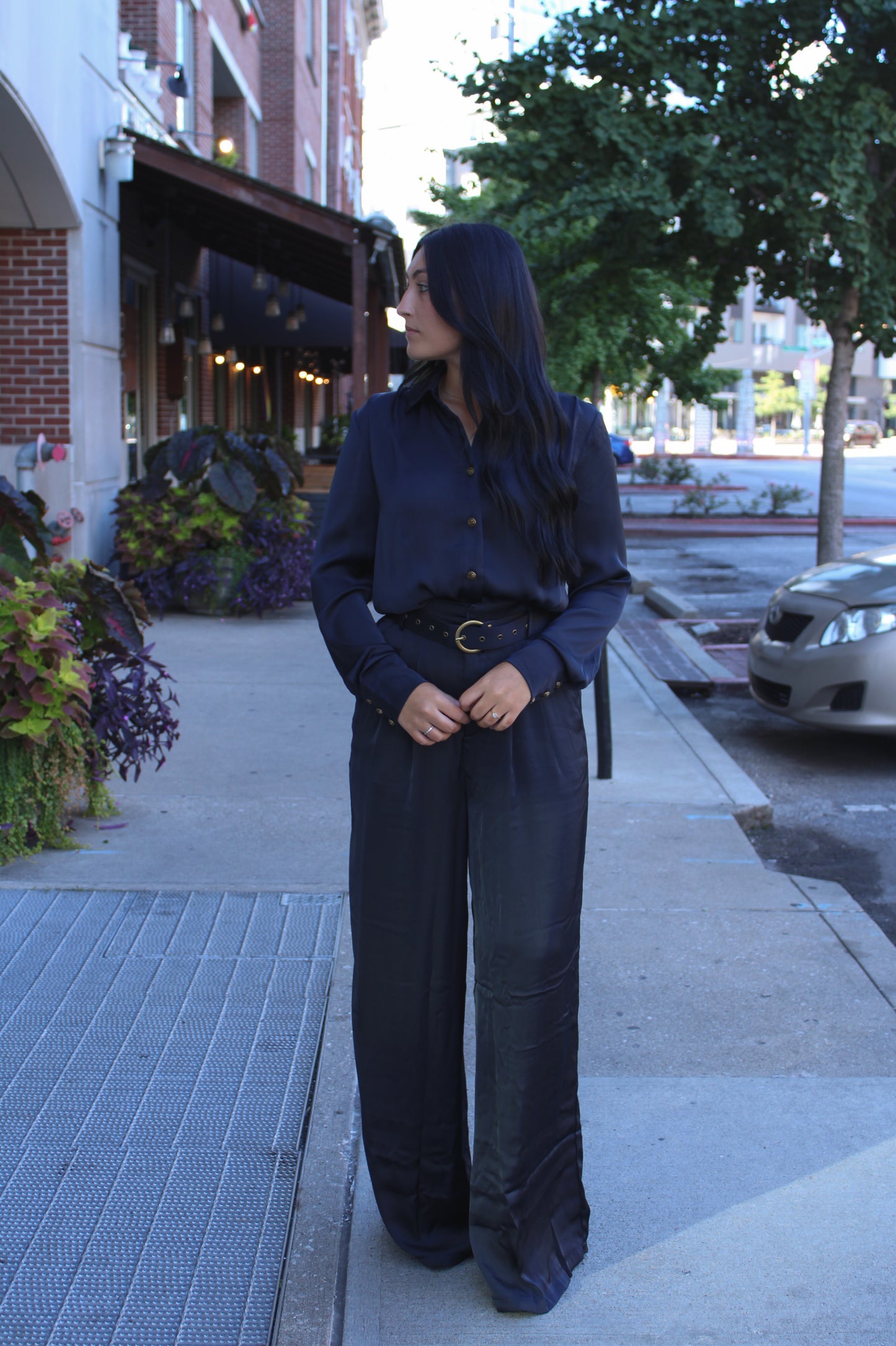 Dark Navy Silky Wide Leg Belted Trousers