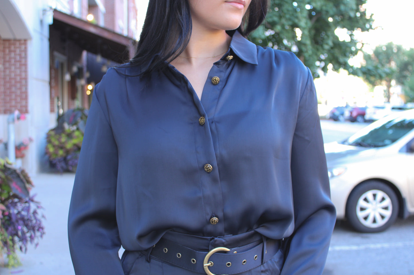 Dark Navy Silky Rose Button Down Top