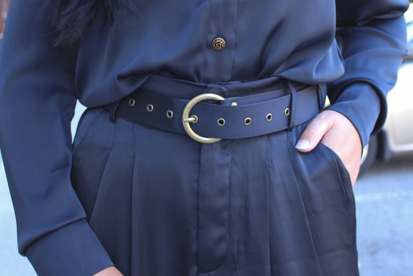 Dark Navy Silky Wide Leg Belted Trousers