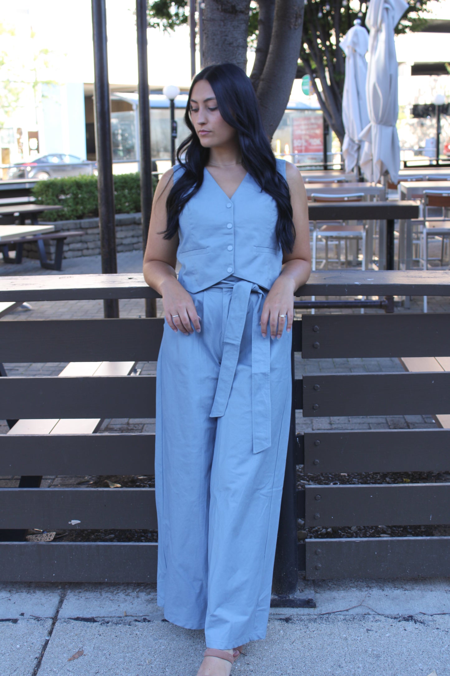 Blue Haze Belted Wide Leg Trouser