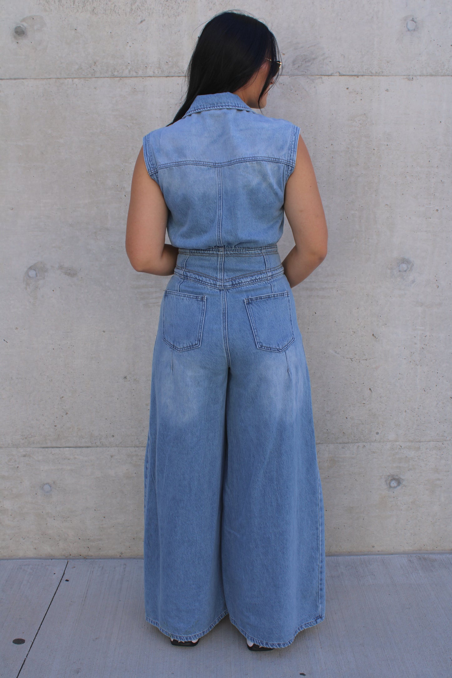 Denim Button Down Sleeveless Jumpsuit