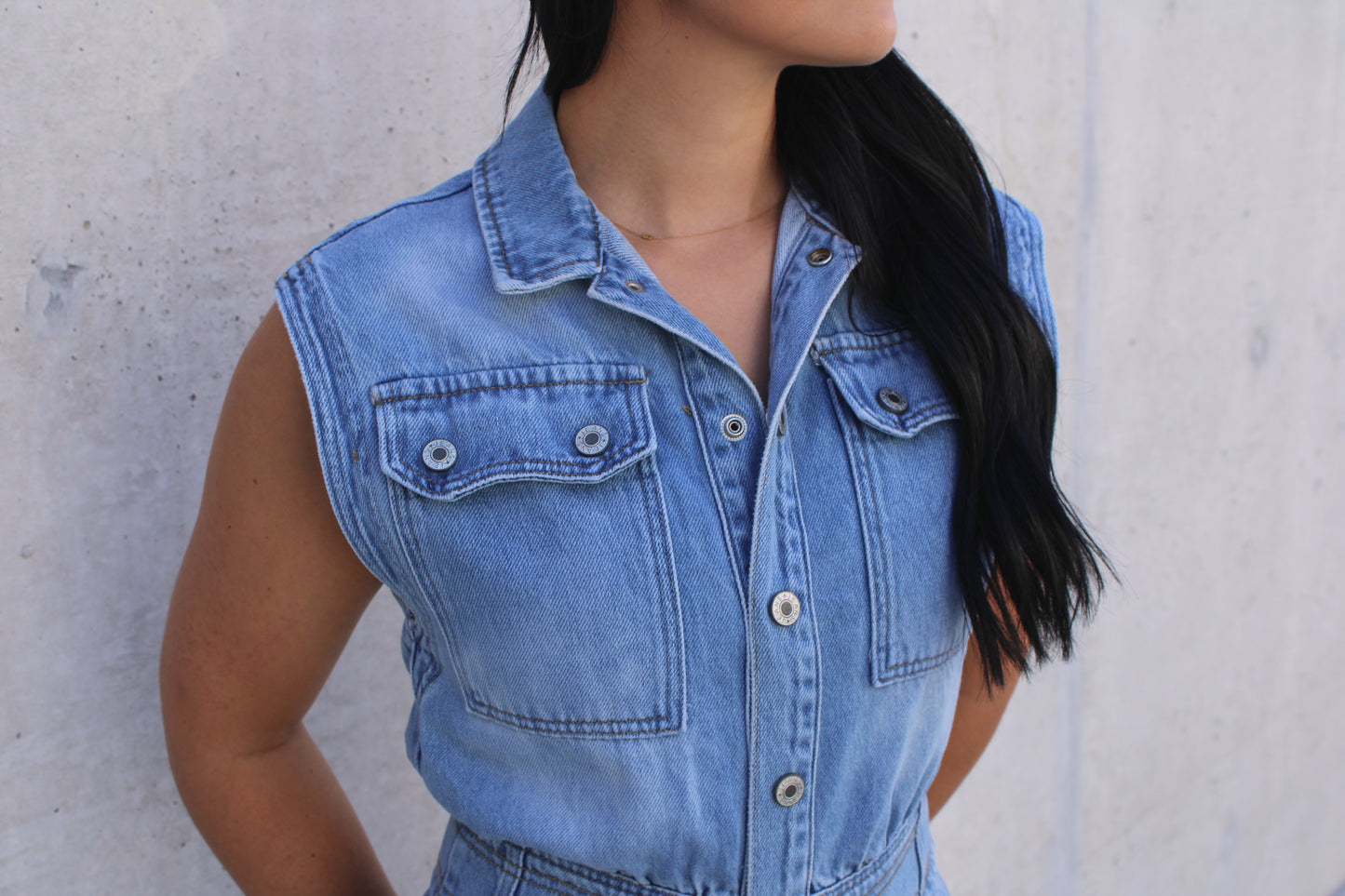 Denim Button Down Sleeveless Jumpsuit