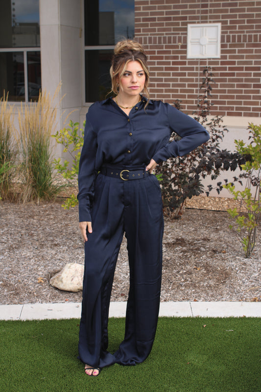 Dark Navy Silky Rose Button Down Top