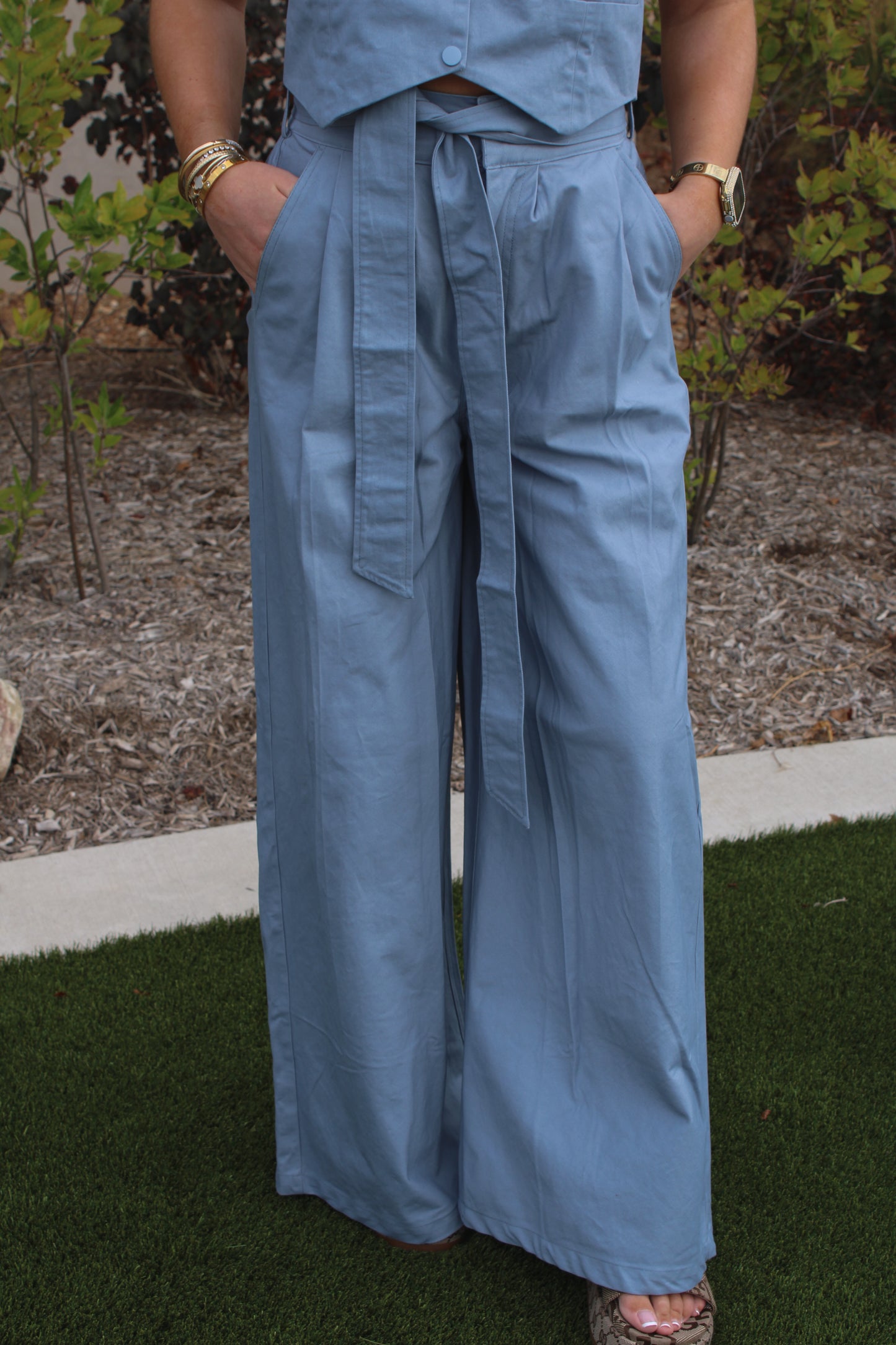 Blue Haze Belted Wide Leg Trouser