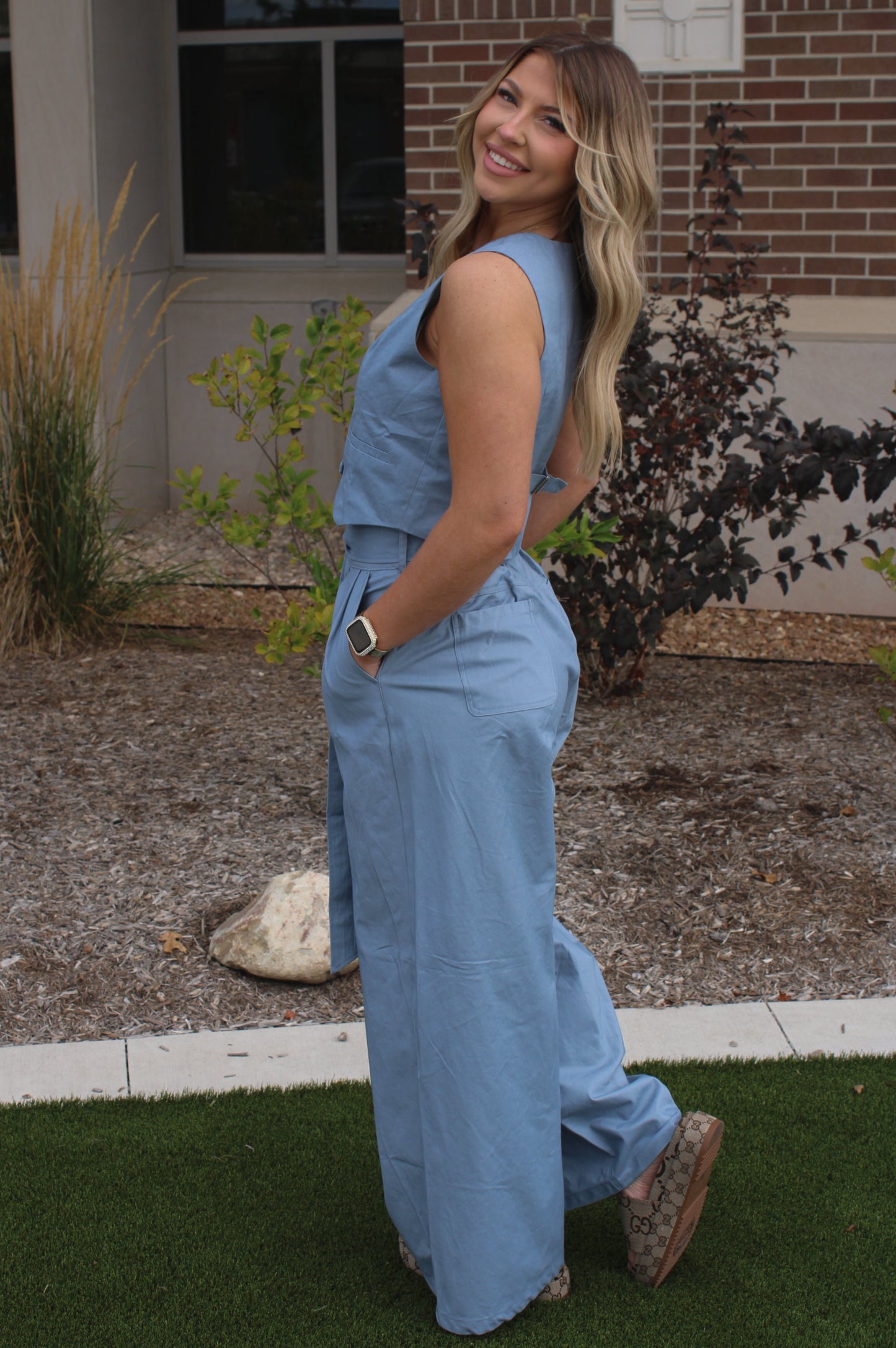 Blue Haze Belted Wide Leg Trouser