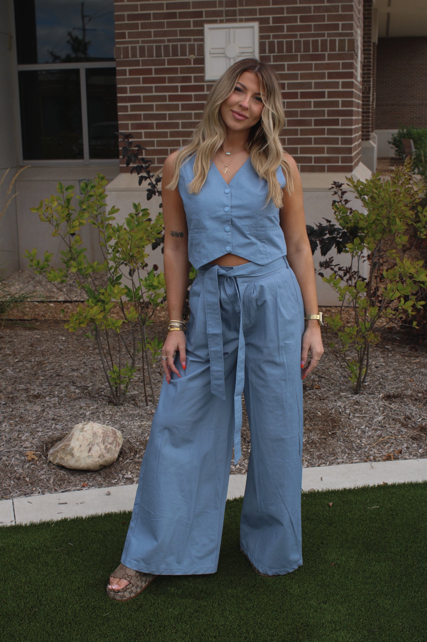 Blue Haze Belted Wide Leg Trouser