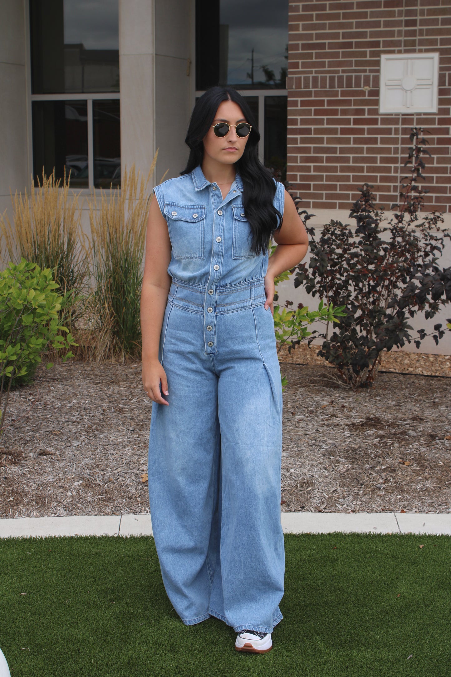 Denim Button Down Sleeveless Jumpsuit