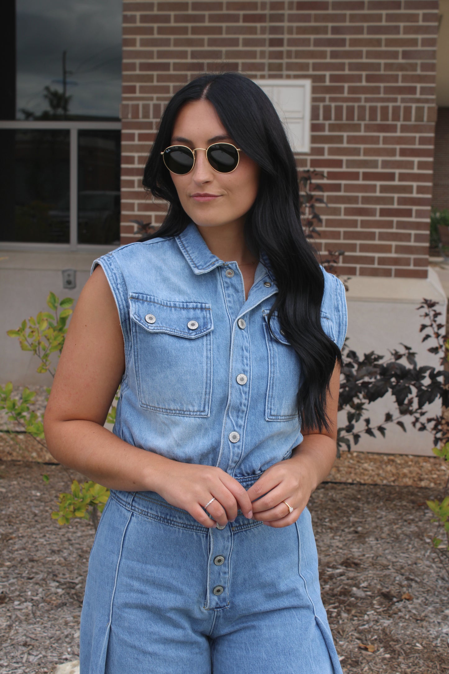 Denim Button Down Sleeveless Jumpsuit