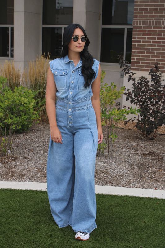 Denim Button Down Sleeveless Jumpsuit