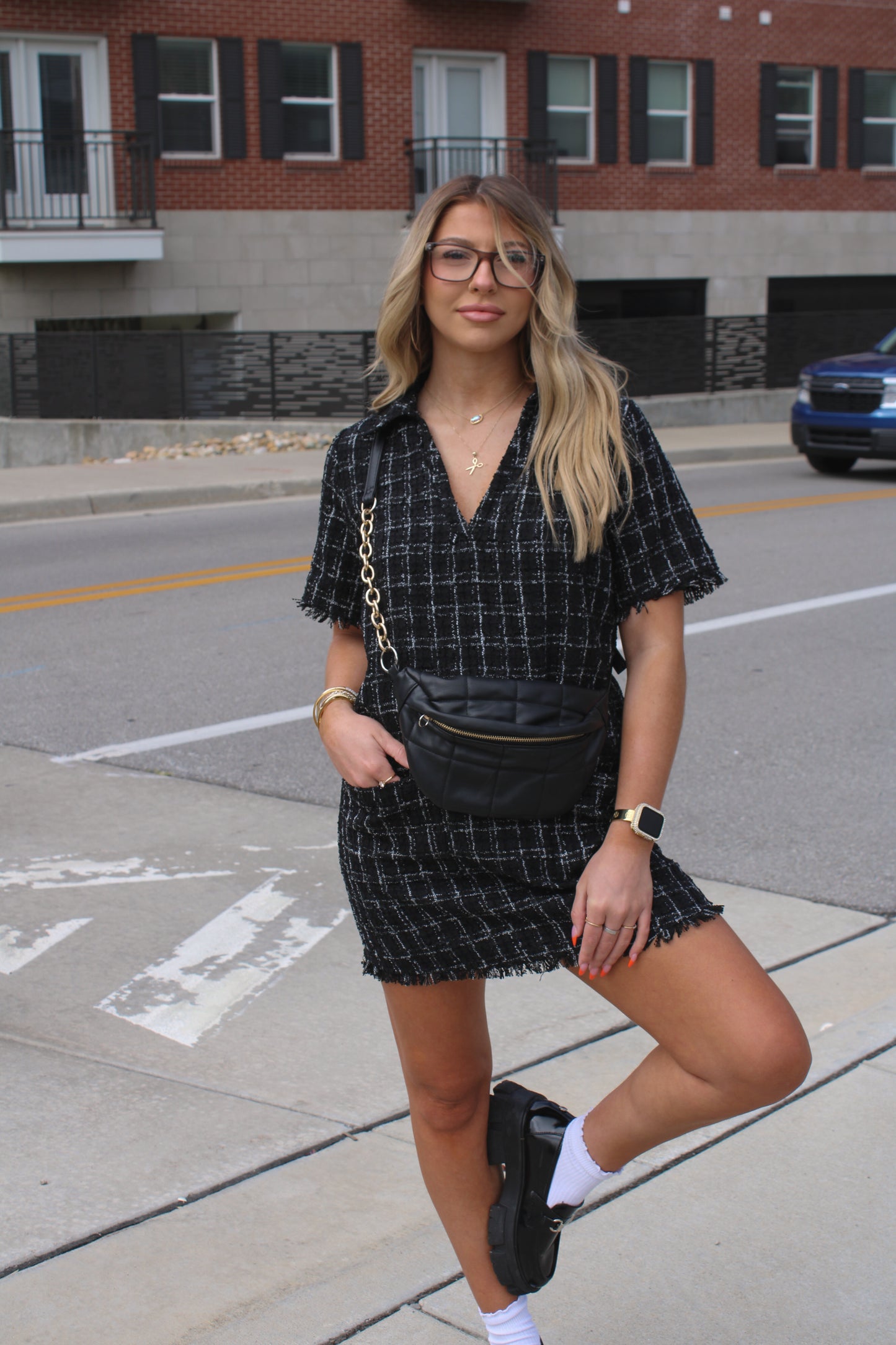 Black/White Plaid Tweed Collared Mini Dress