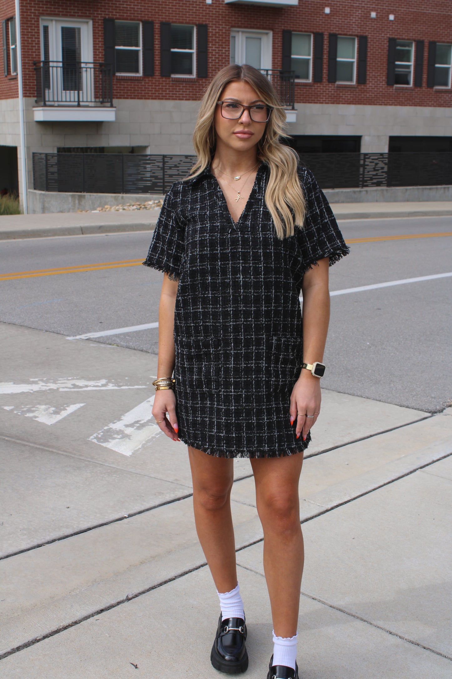 Black/White Plaid Tweed Collared Mini Dress