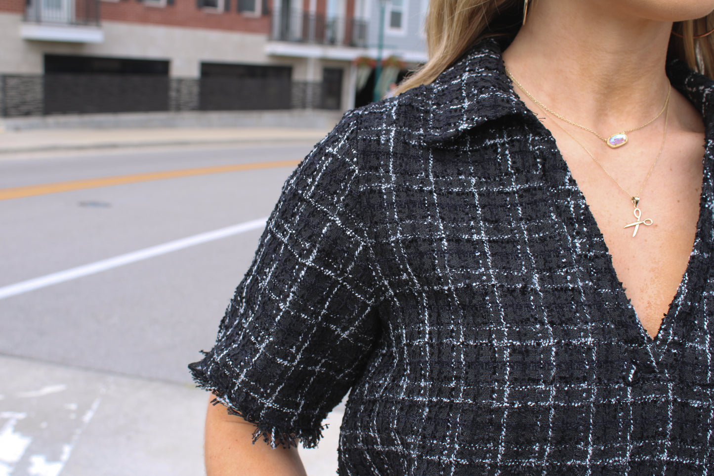 Black/White Plaid Tweed Collared Mini Dress