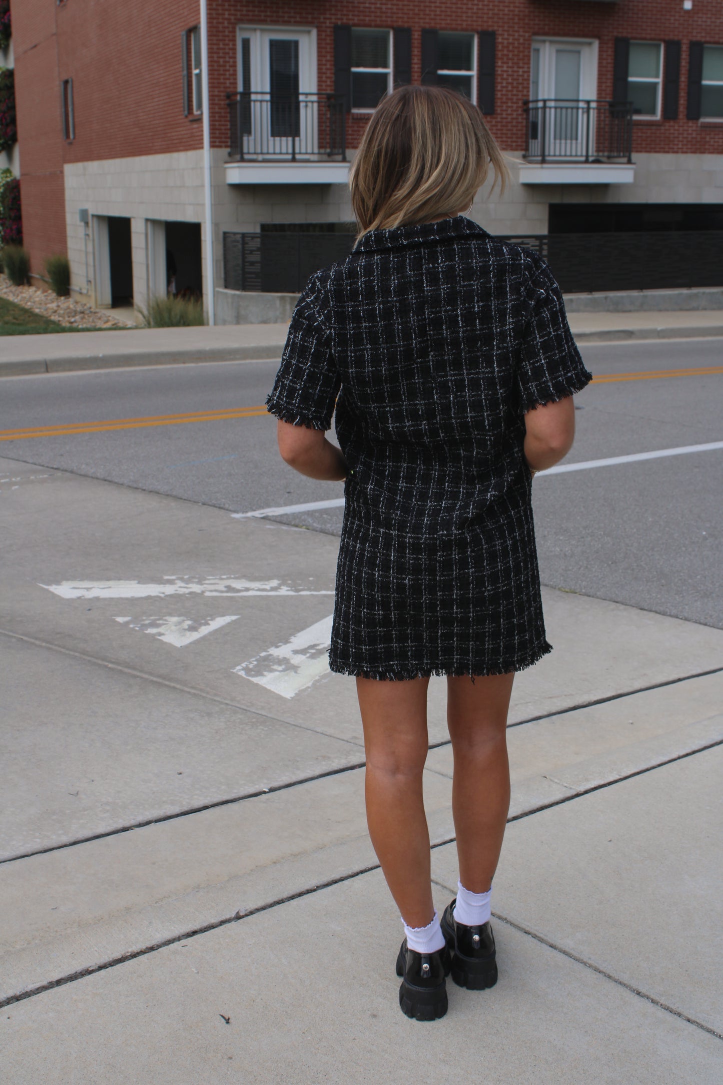 Black/White Plaid Tweed Collared Mini Dress