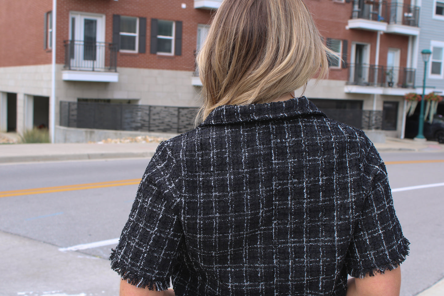 Black/White Plaid Tweed Collared Mini Dress