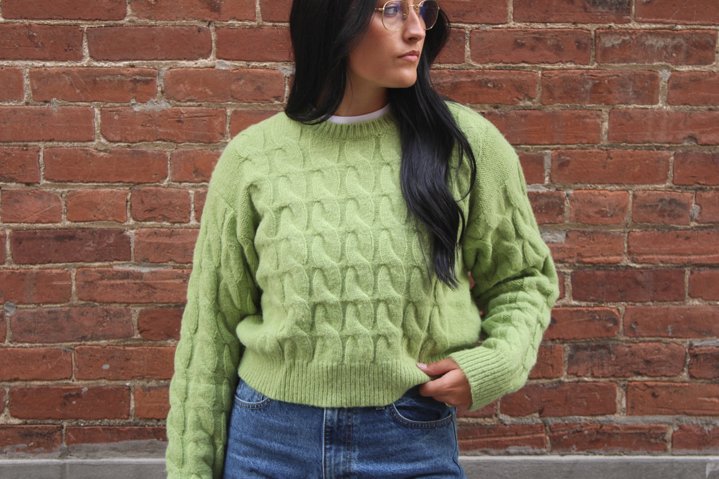 Apple Green Cable Knit Cropped Sweater