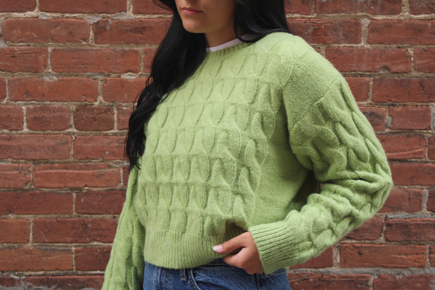 Apple Green Cable Knit Cropped Sweater