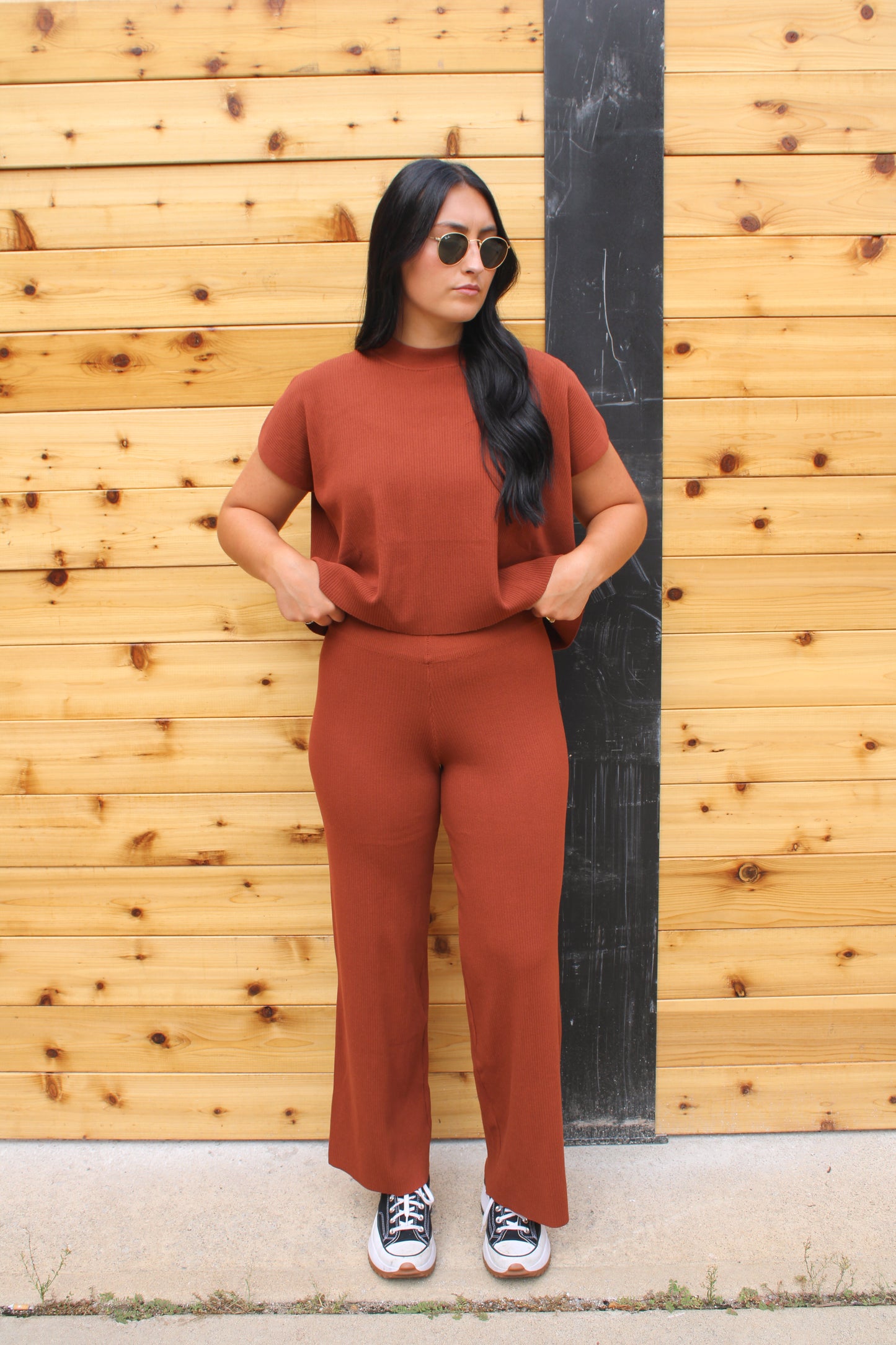 Rust Ribbed Knit Relaxed Pants