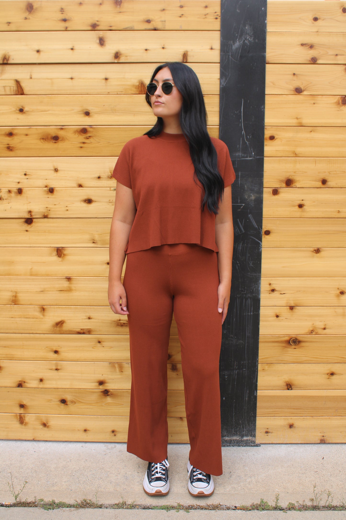 Rust Ribbed Knit Relaxed Pants